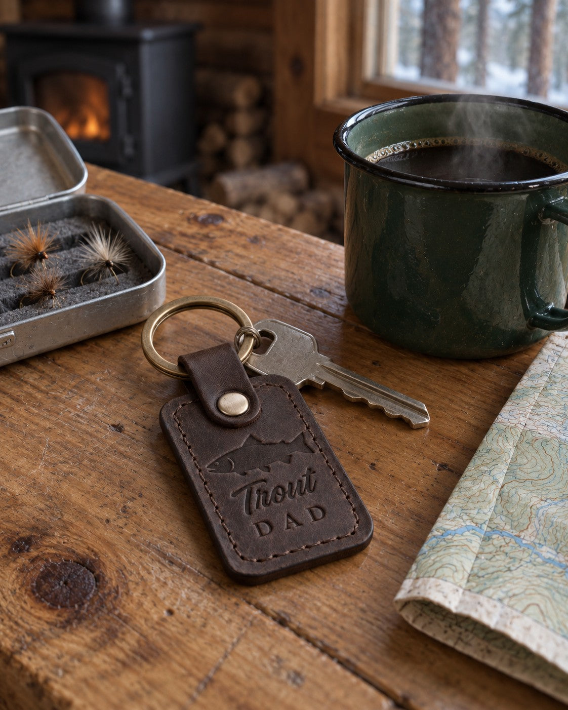 Dark espresso Trout DAD keychain in full-grain leather on a knotty pine cabin table beside an open fly box and a green enamel coffee mug