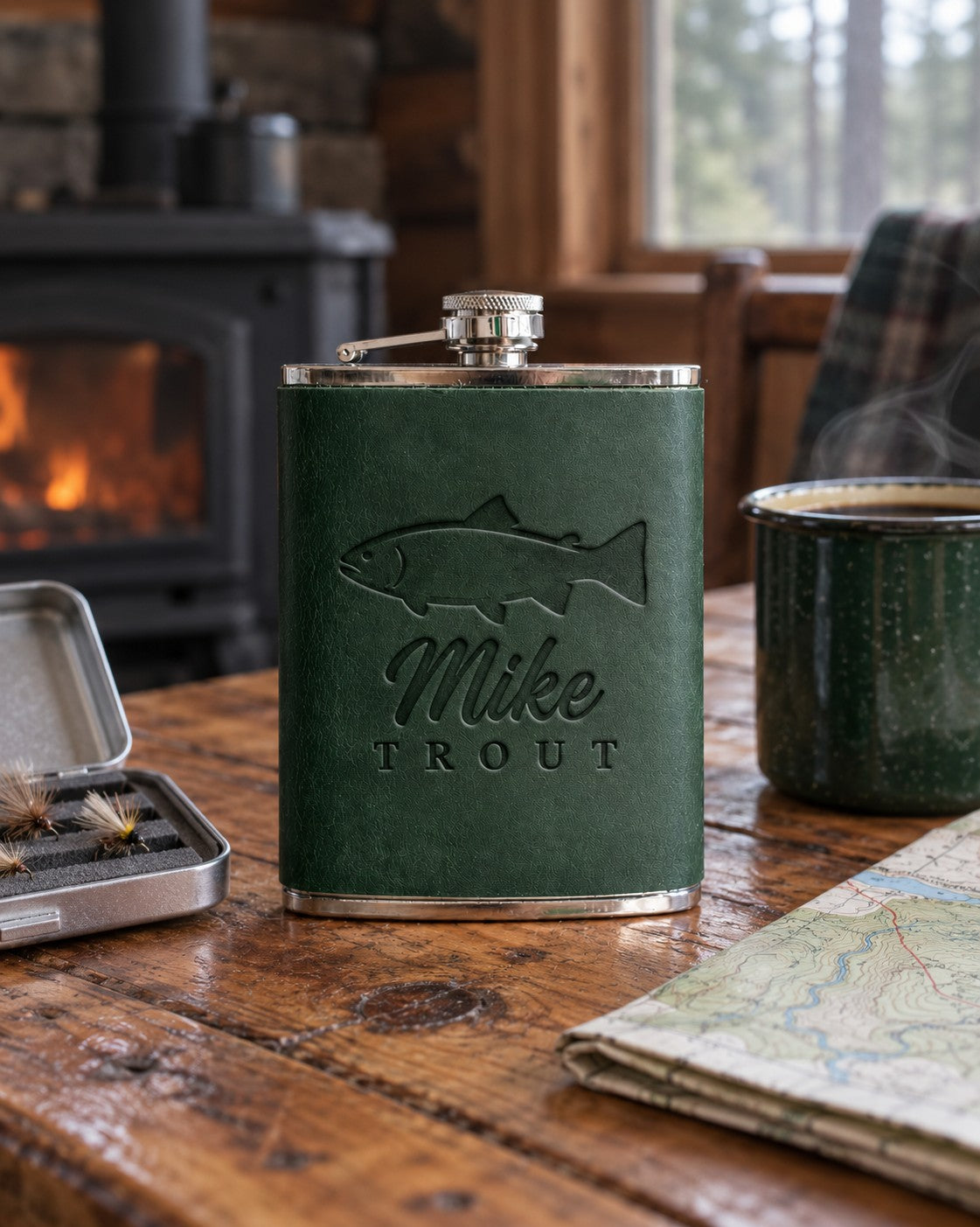 Forest green Mike TROUT hip flask in full-grain leather on a knotty pine cabin table beside an open fly box and a green enamel coffee mug