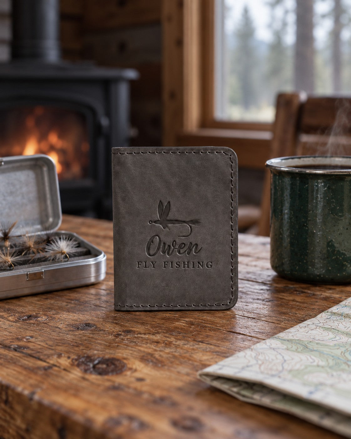 Country gray Owen FLY FISHING card wallet in full-grain leather on a knotty pine cabin table beside an open fly box and a green enamel coffee mug