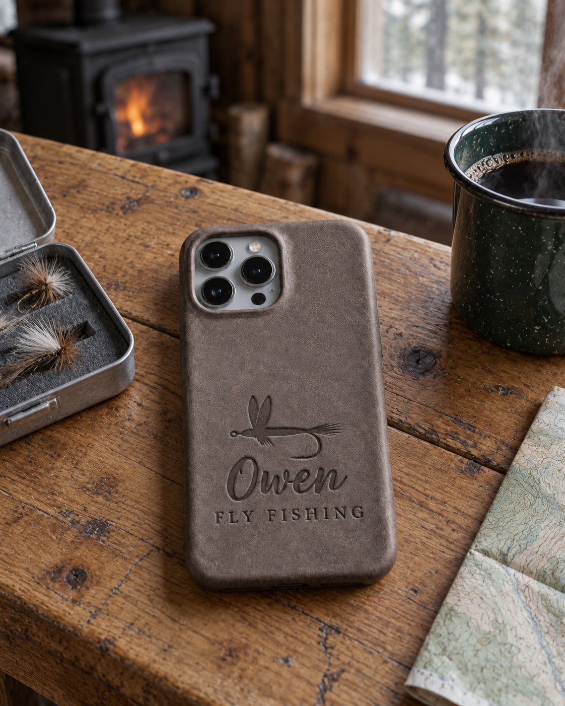 Country gray Owen FLY FISHING iPhone case in full-grain leather on a knotty pine cabin table beside an open fly box and a green enamel coffee mug