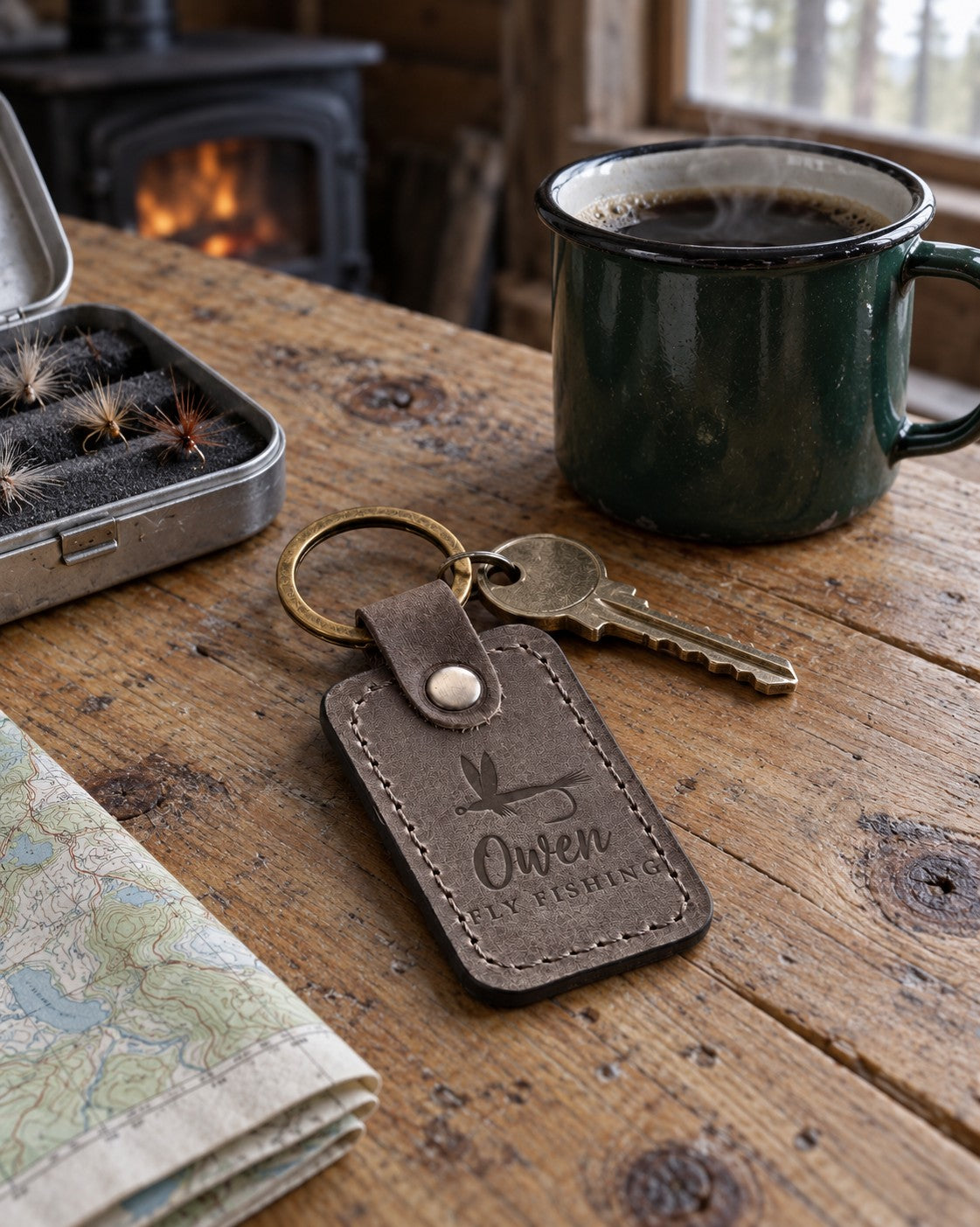 Country gray Owen FLY FISHING keychain in full-grain leather on a knotty pine cabin table beside an open fly box and a green enamel coffee mug