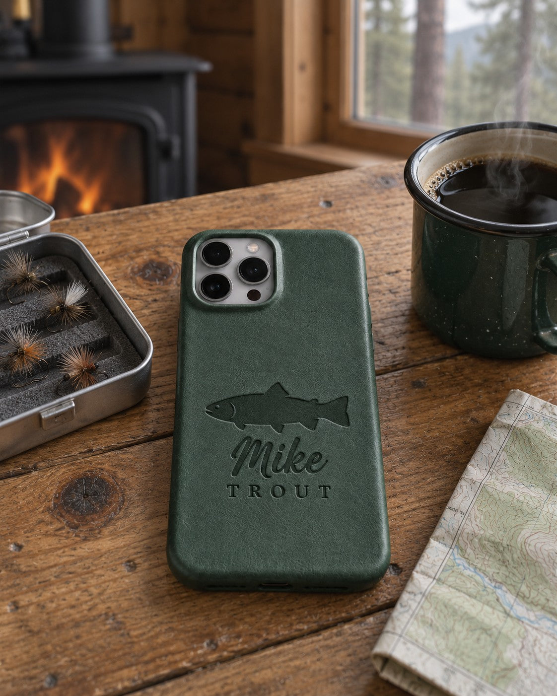 Forest green Mike TROUT iPhone case in full-grain leather on a knotty pine cabin table beside an open fly box and a green enamel coffee mug