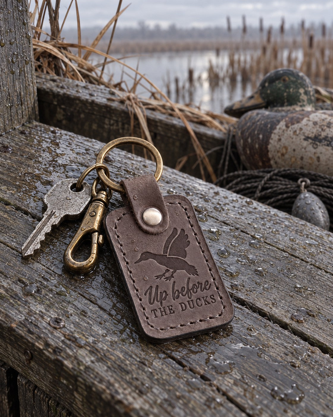 Gray Up Before the Ducks keychain on a key ring beside a headlamp and a travel mug on a dark kitchen counter