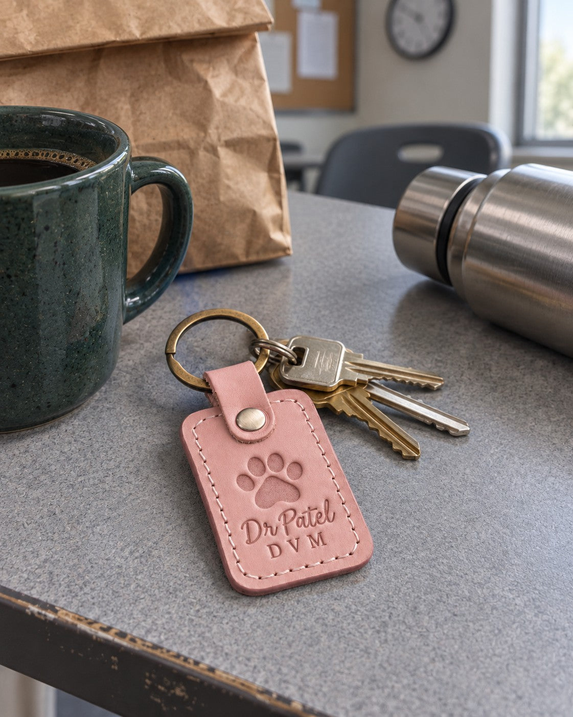 Dr Patel DVM keychain in pink leather on clinic keys beside a stethoscope on an exam room counter
