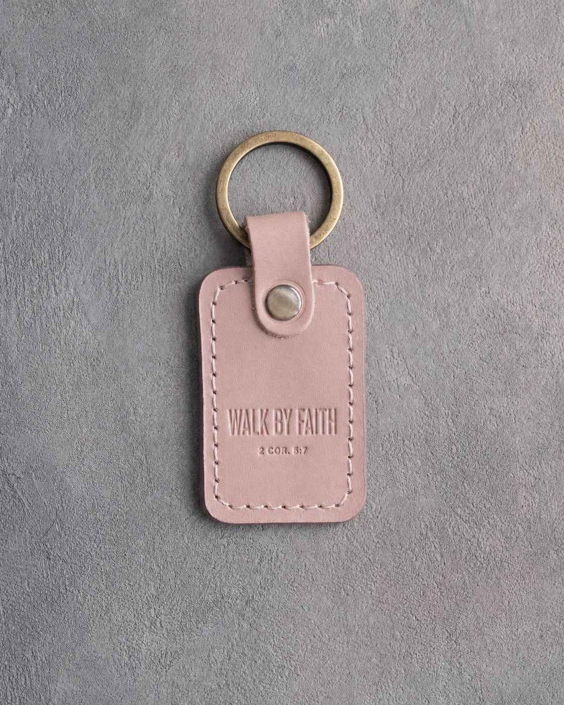 Walk By Faith 2 Cor. 5:7 Blush handcrafted leather keychain, Christian scripture gift