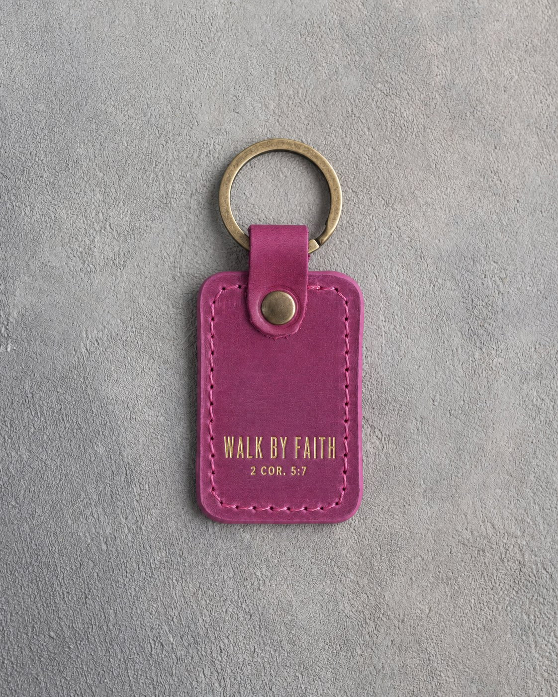 Walk By Faith 2 Cor. 5:7 Fuchsia handcrafted leather keychain, Christian scripture gift