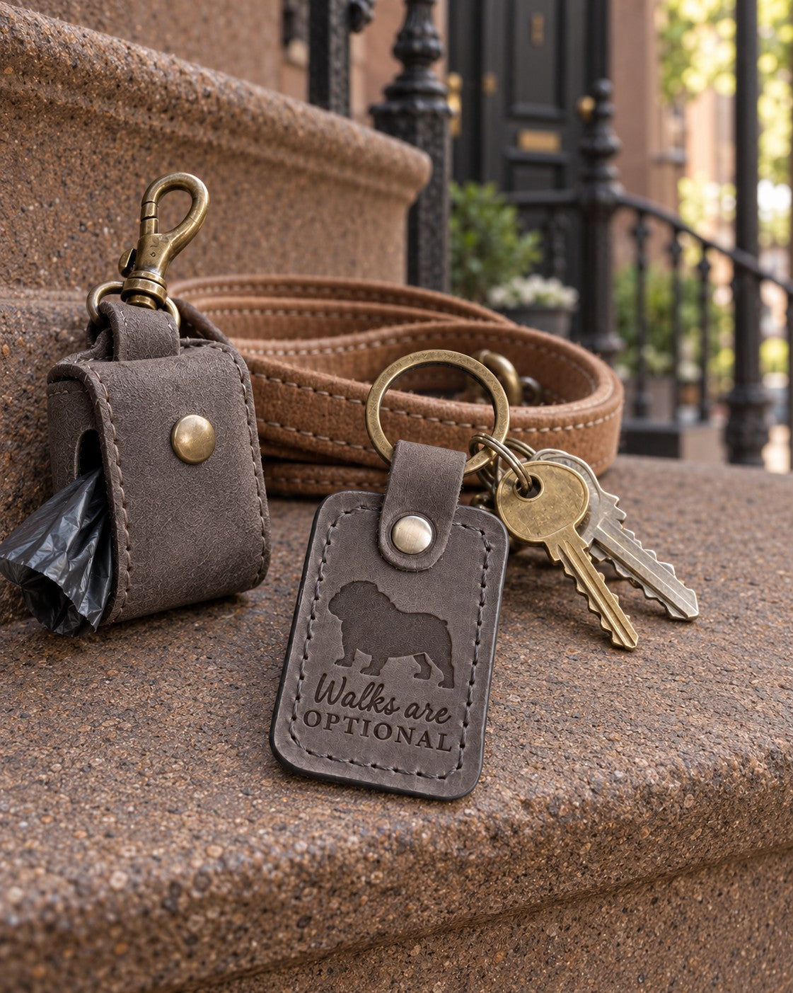 Gray Walks Are Optional keychain beside a leash left hanging on a hook by the door