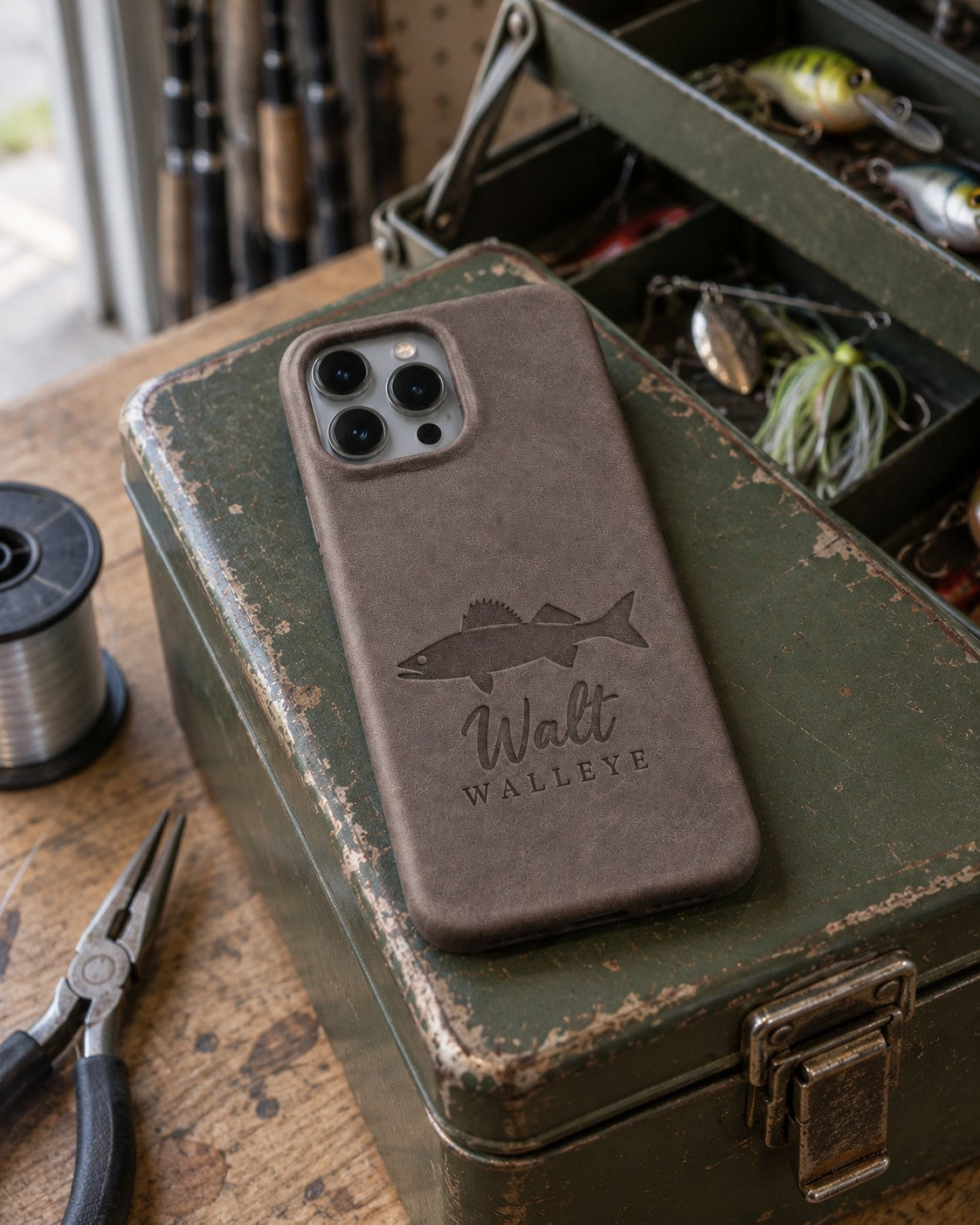 Country gray Walt WALLEYE iPhone case in full-grain leather on the lid of an olive-green steel tackle box in a garage, lures in the trays behind