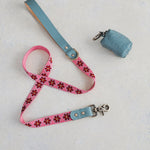 Rose Garden woven webbing dog leash with a matching leather poop-bag holder