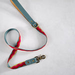 Summer Waves woven webbing dog leash with a sky blue leather handle