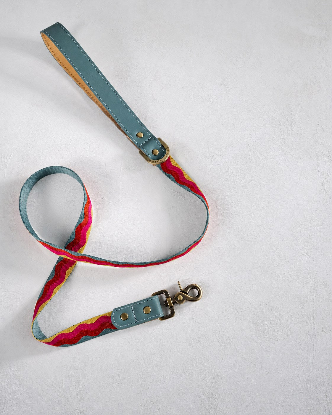 Summer Waves woven webbing dog leash with a sky blue leather handle