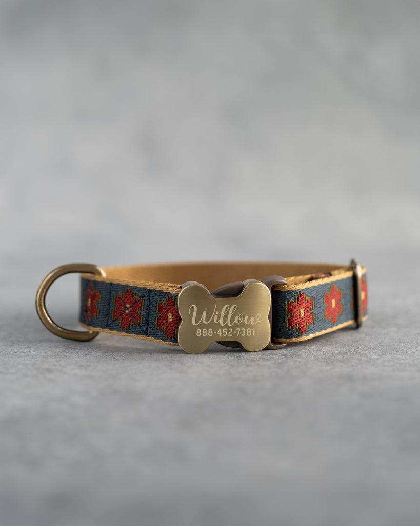 Engraved dog collar in variety of webbing designs