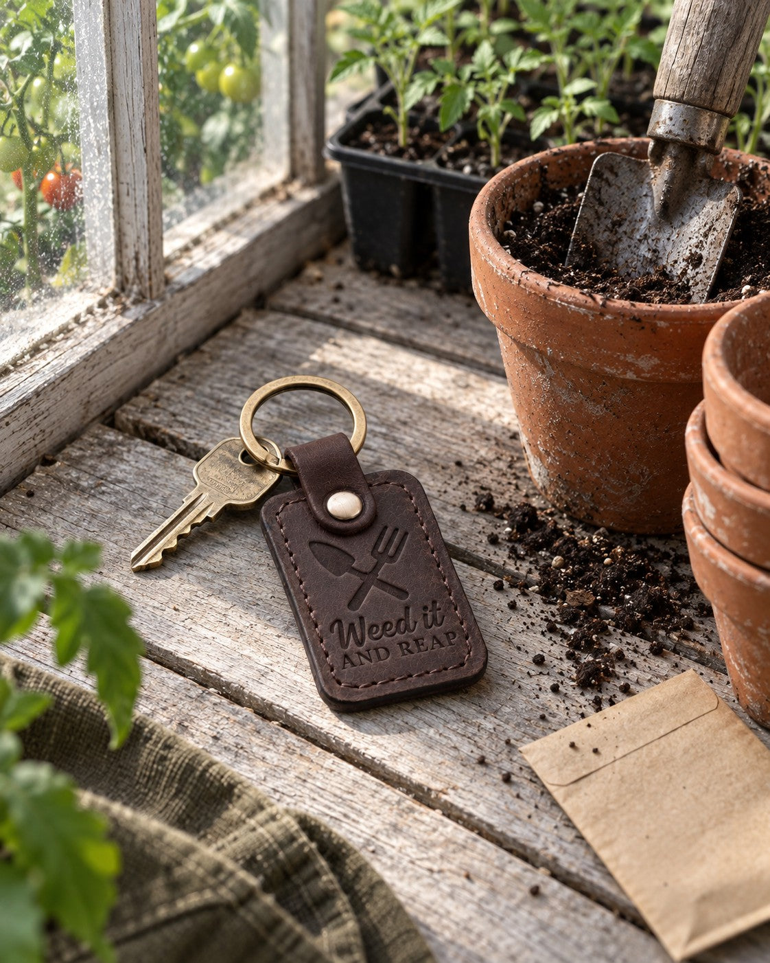 Dark brown Weed It and Reap keychain on a garden shed key beside a bucket of pulled weeds