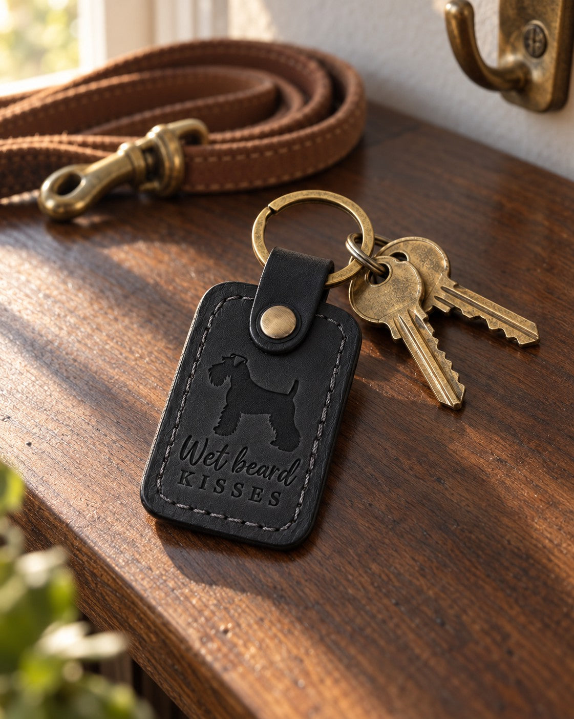 Black Wet Beard Kisses leather keychain placed in a warm everyday setting