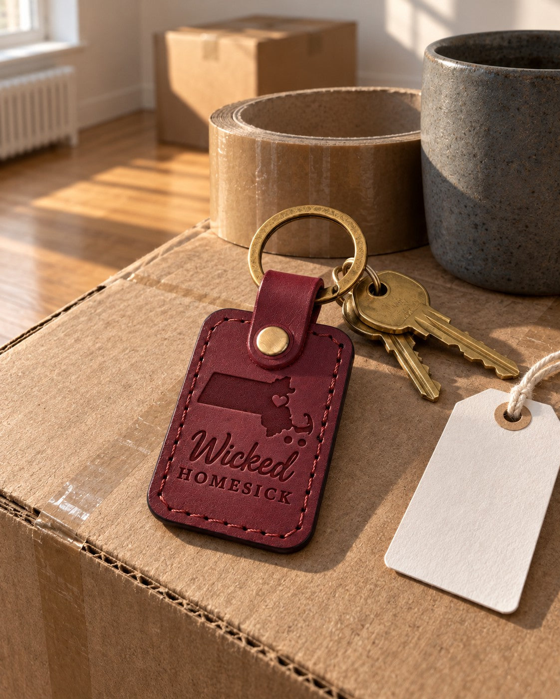 Wine red Wicked Homesick keychain on house keys beside a moving box and a folded scarf