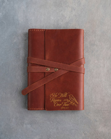 Zephaniah 3:17 leather journal – "he will rejoice over thee" bible verse gift