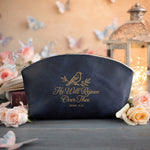 He Will Rejoice Over Thee Zeph. 3:17 Blueberry full-grain leather makeup bag, Christian scripture gift