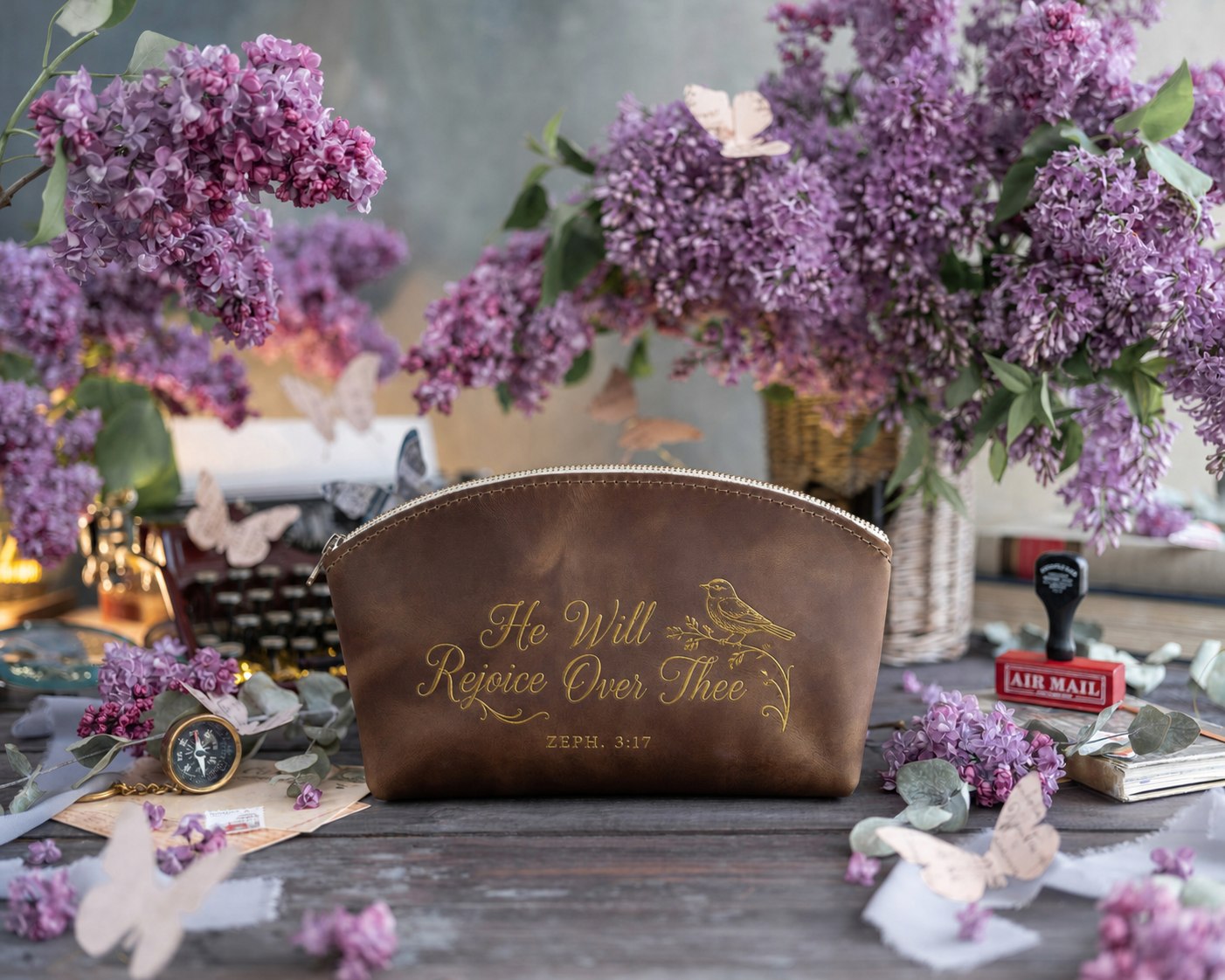He Will Rejoice Over Thee Zeph. 3:17 Sicilian Brown full-grain leather makeup bag, Christian scripture gift