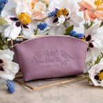 He Will Rejoice Over Thee Zeph. 3:17 full-grain leather makeup bag, Christian scripture gift