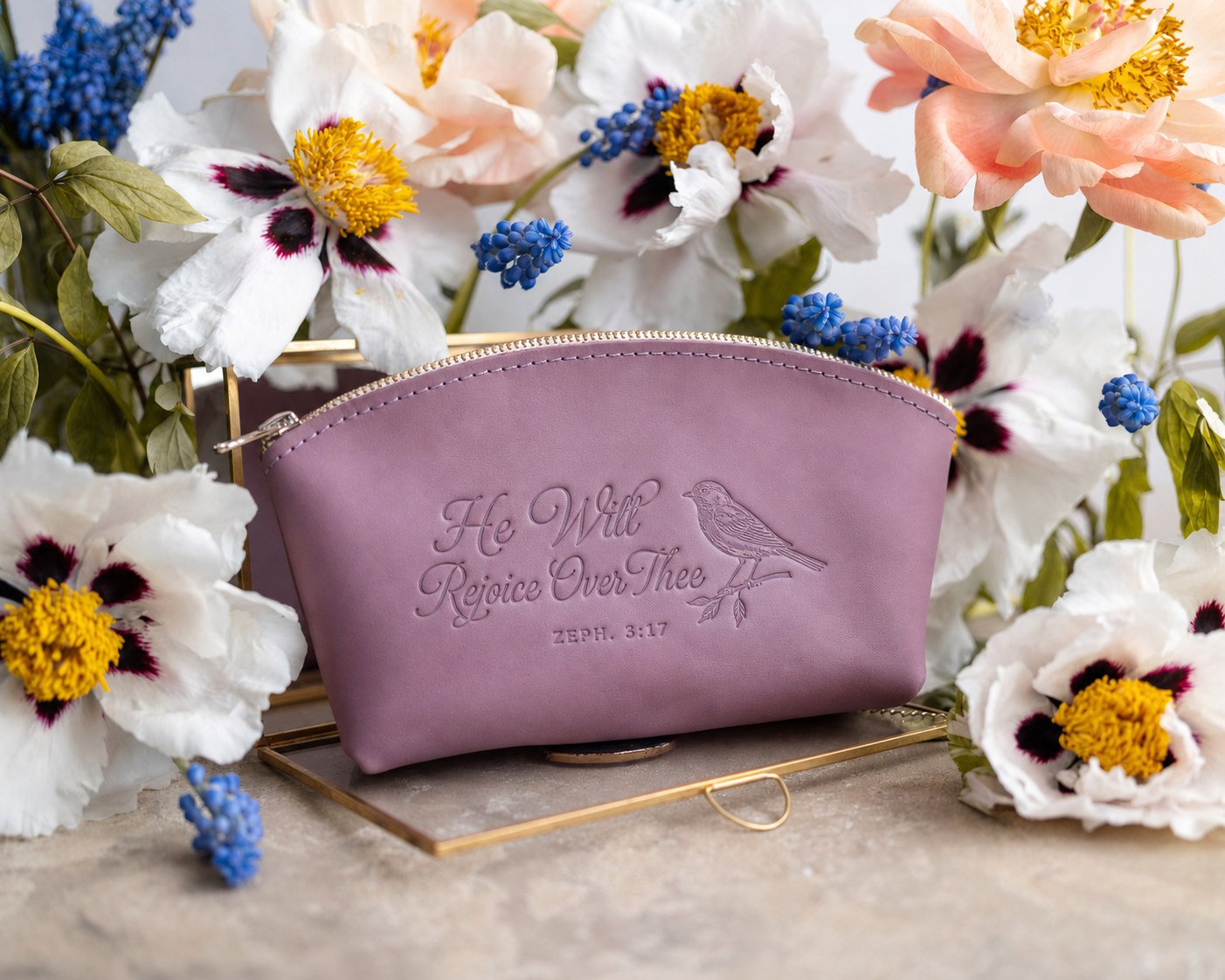 He Will Rejoice Over Thee Zeph. 3:17 full-grain leather makeup bag, Christian scripture gift
