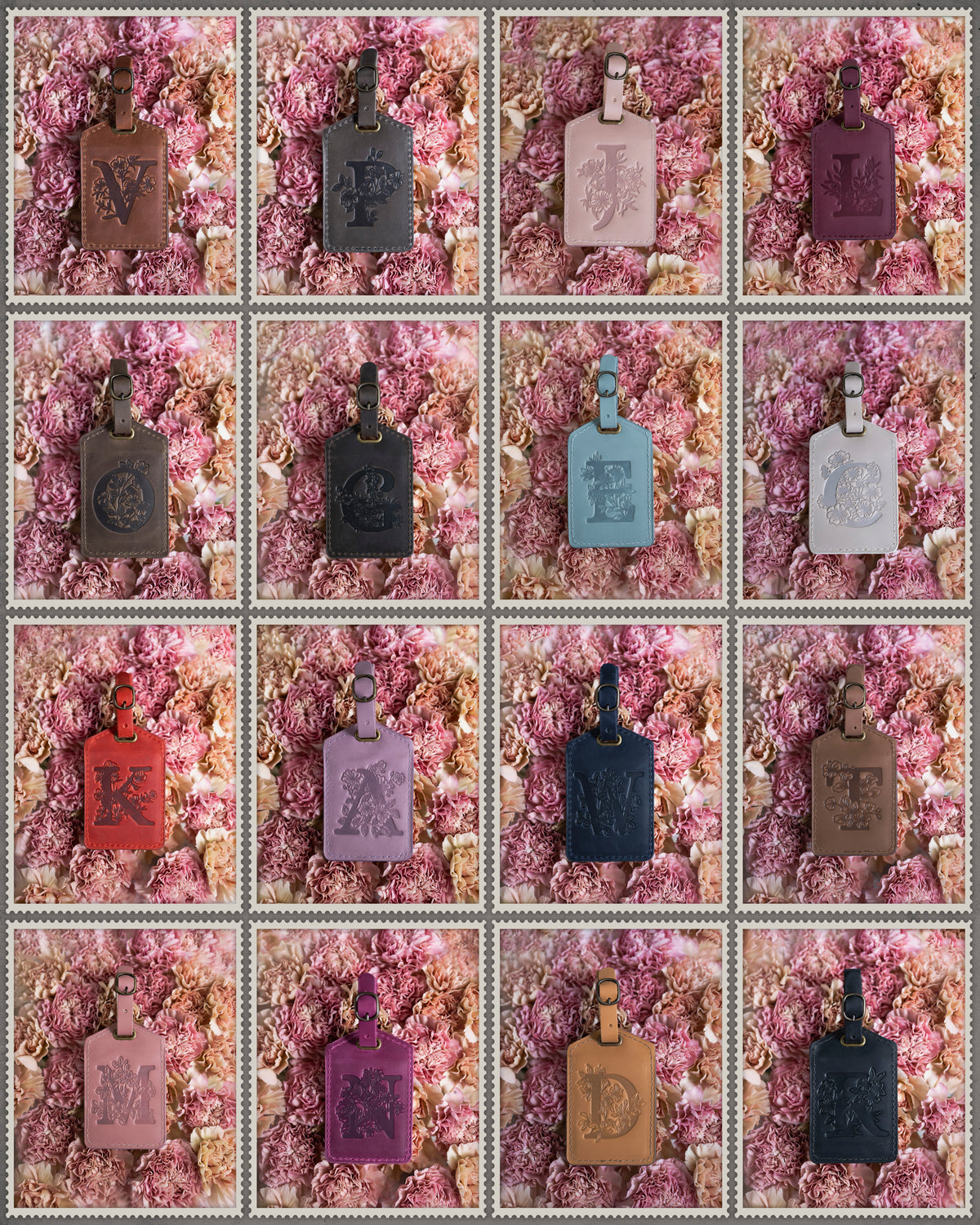 Grid of floral initial luggage tags in every leather color, arranged on pink blooms