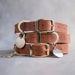 Arizona caramel leather dog collars stacked with pin buckles and gold hardware, ID tag attached