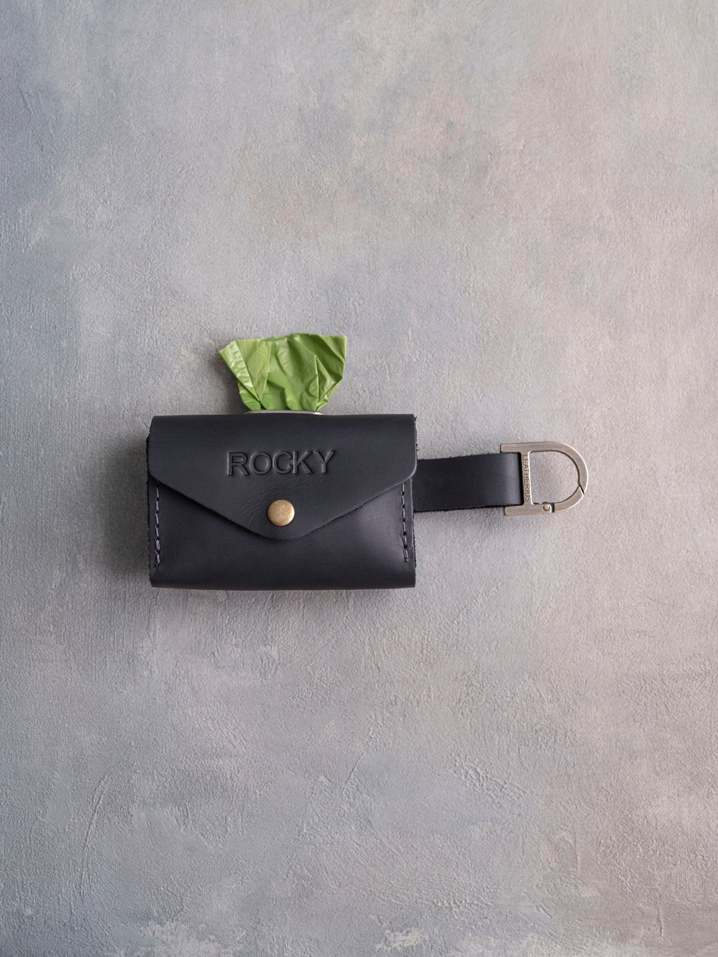 Black Leather Dog Poop Bag Holder with button closure