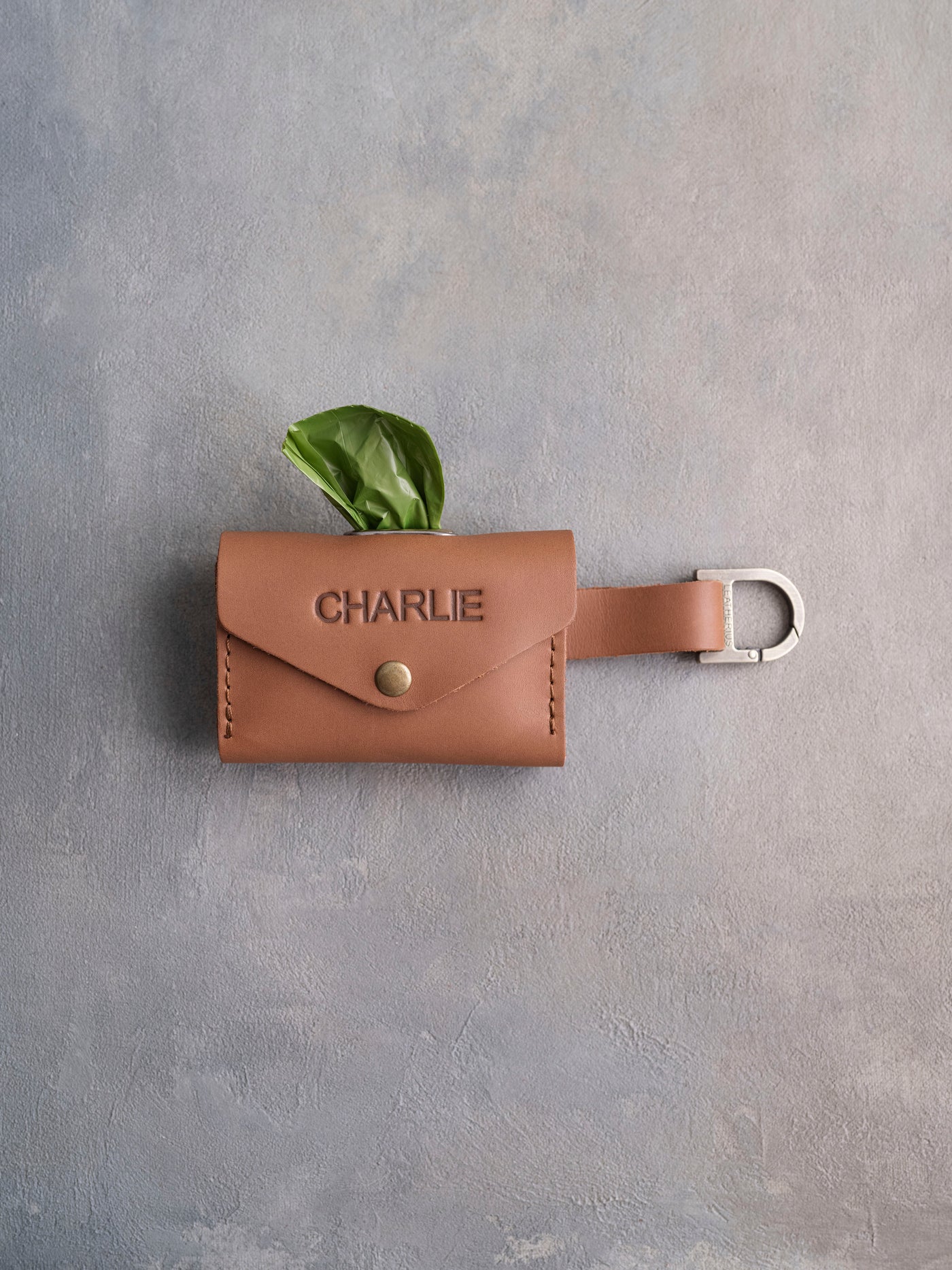Caramel Leather Dog Poop Bag Holder with button closure
