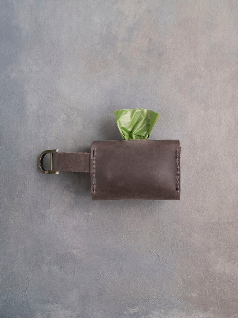 Country Gray Leather Dog Poop Bag Holder with button closure