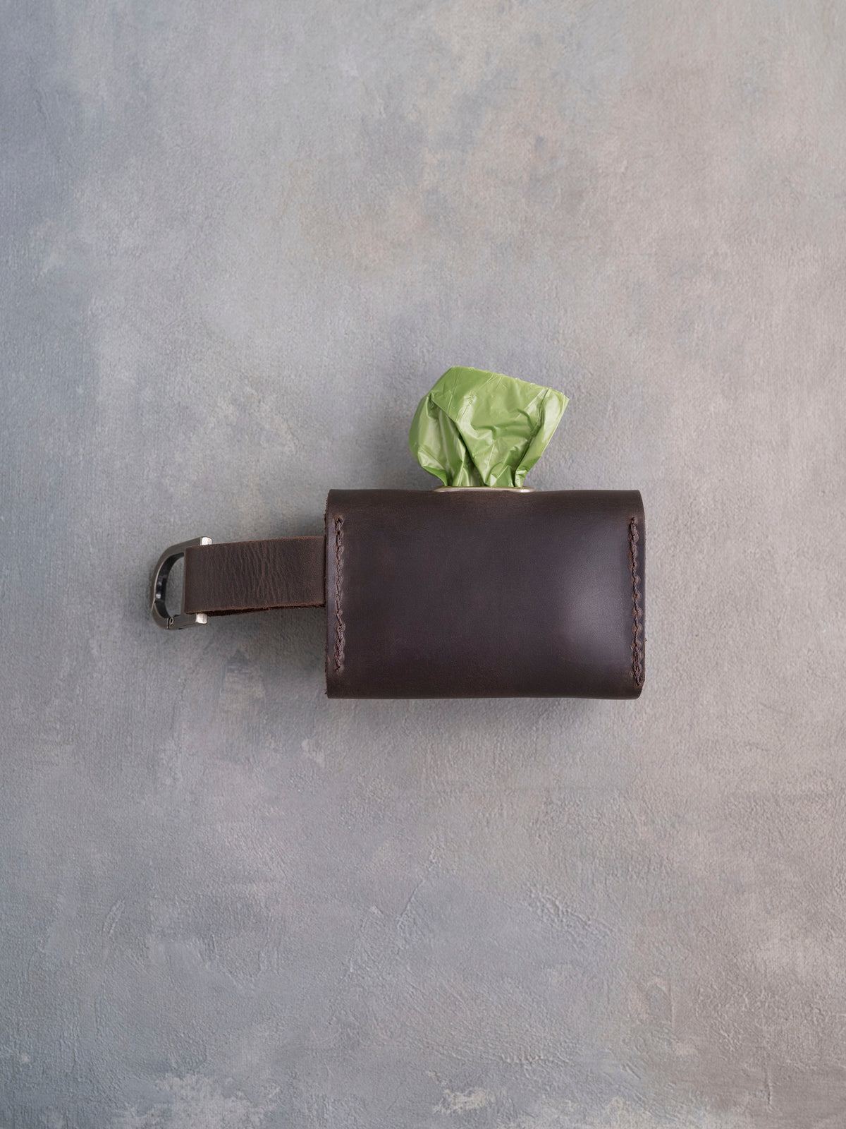 Dark Espresso Leather Dog Poop Bag Holder with button closure with hand-finished detailing