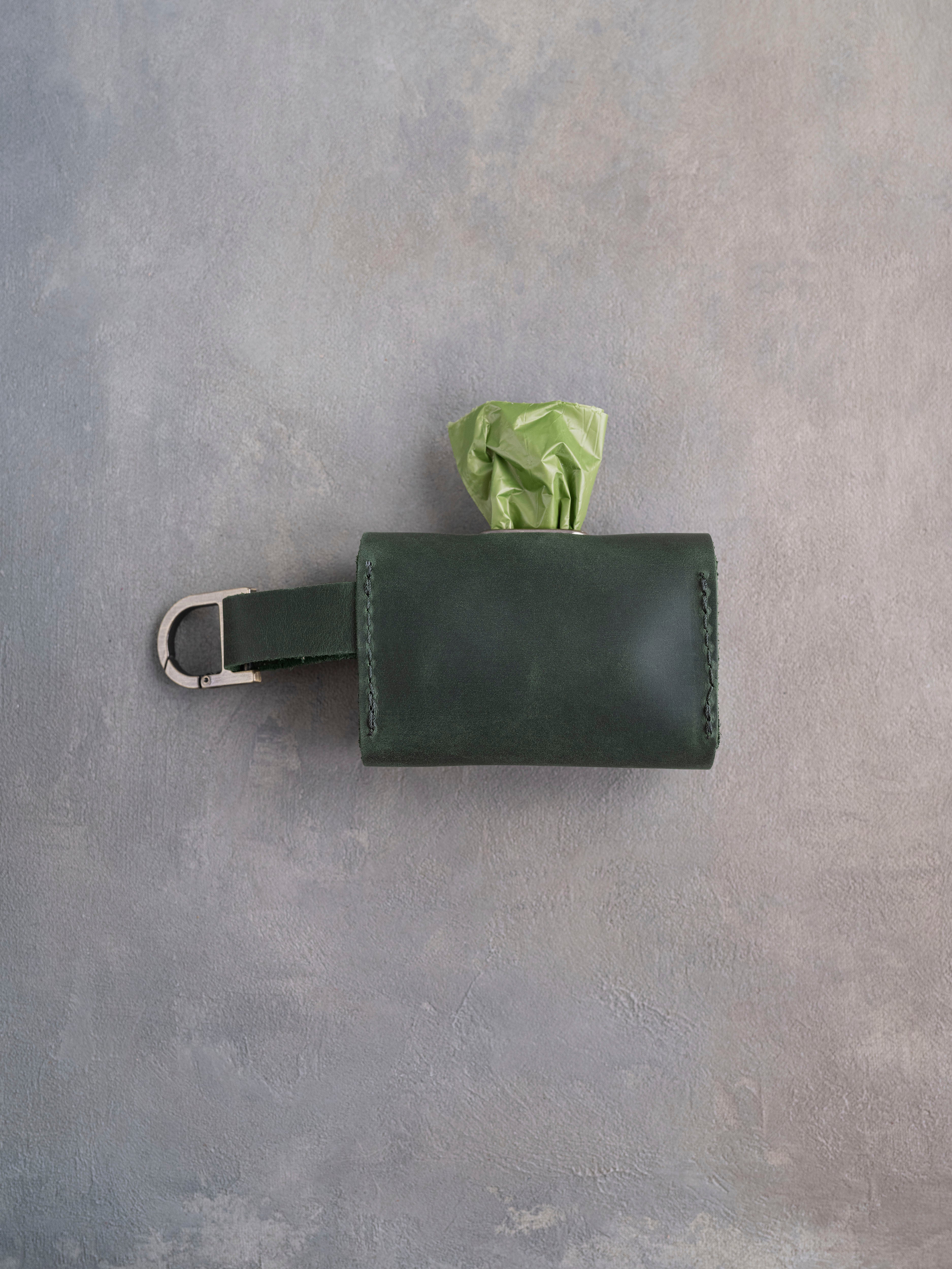 Forest Green Leather Dog Poop Bag Holder with button closure
