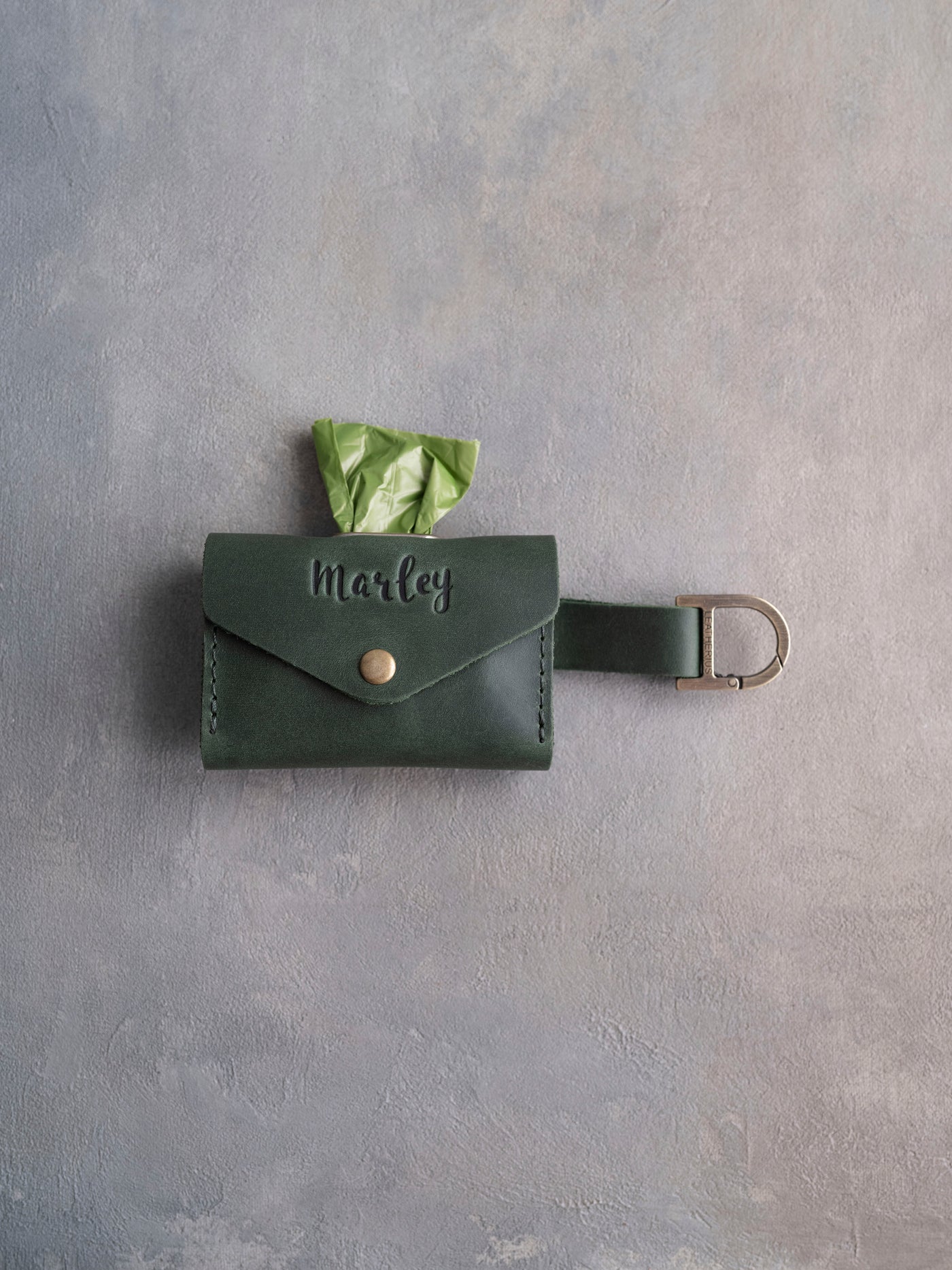 Forest Green Leather Dog Poop Bag Holder with button closure