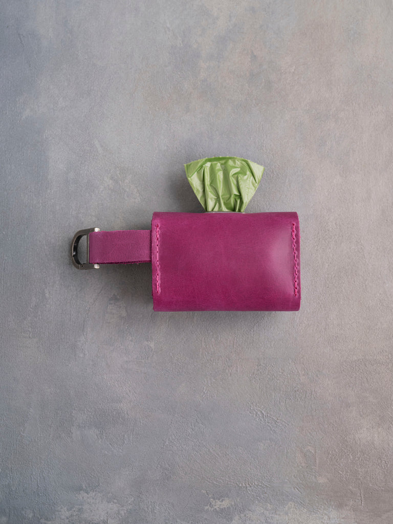 Fuchsia Leather Dog Poop Bag Holder with button closure