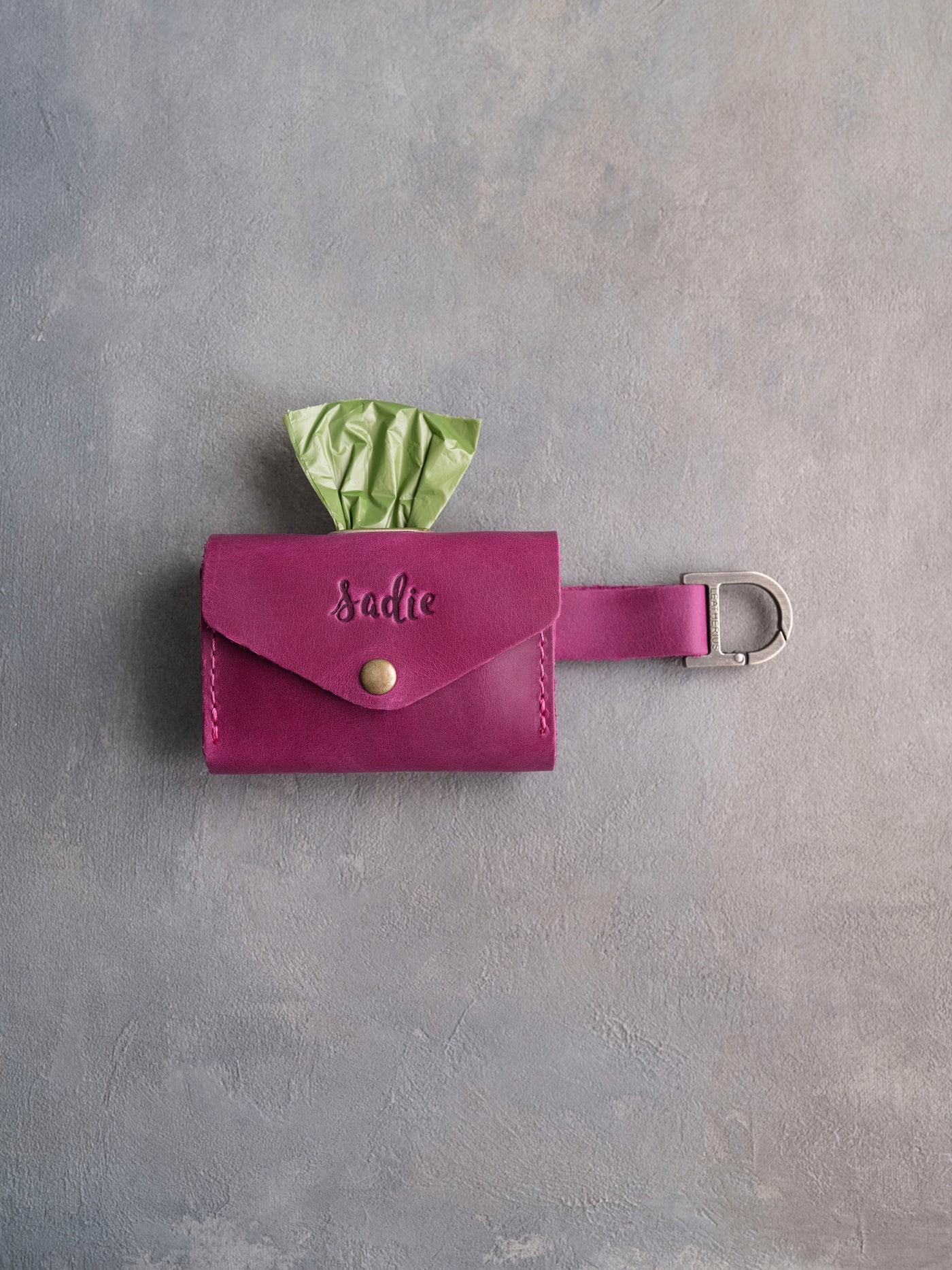 Fuchsia Leather Dog Poop Bag Holder with button closure