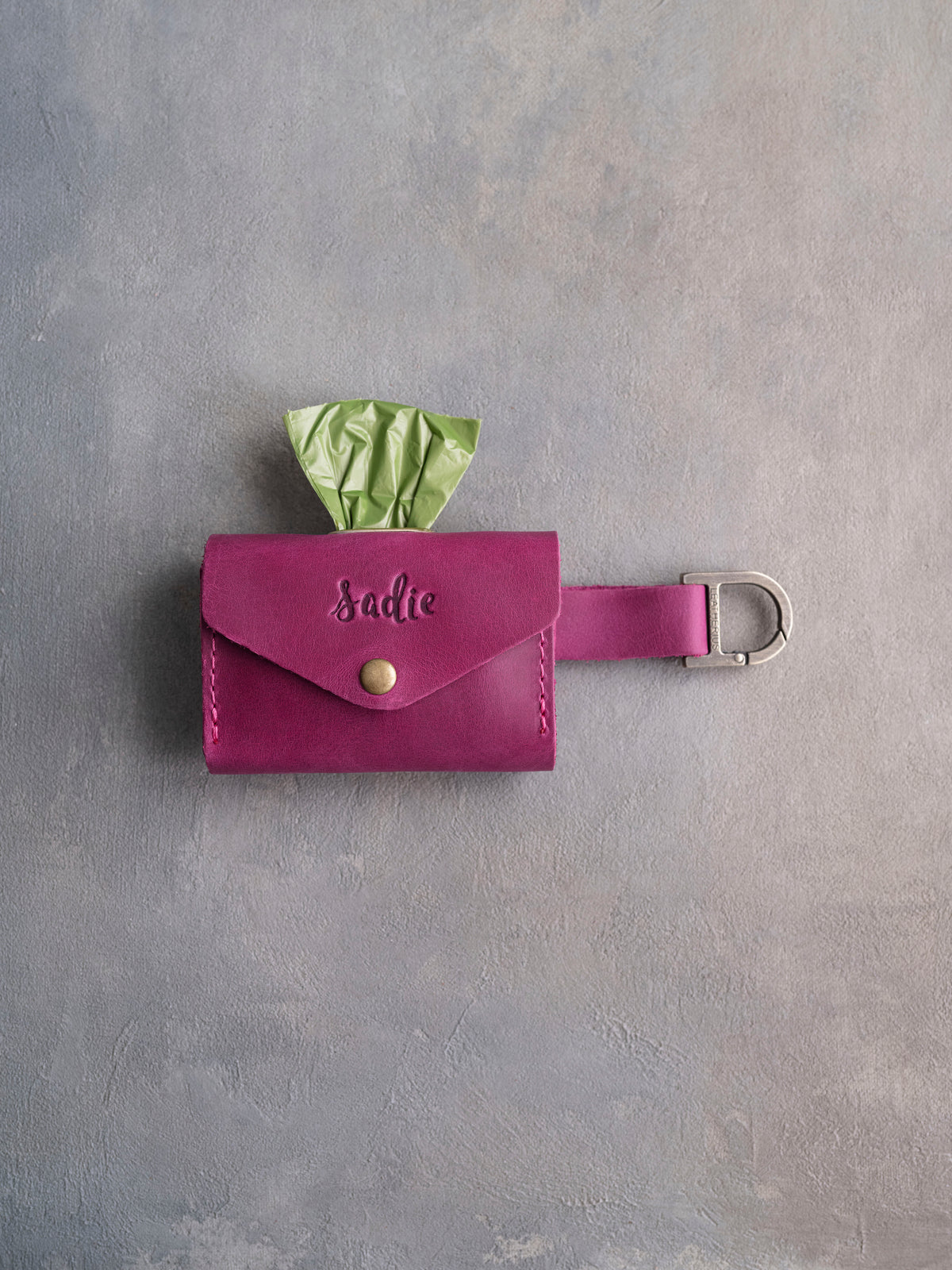 Fuchsia Leather Dog Poop Bag Holder with button closure