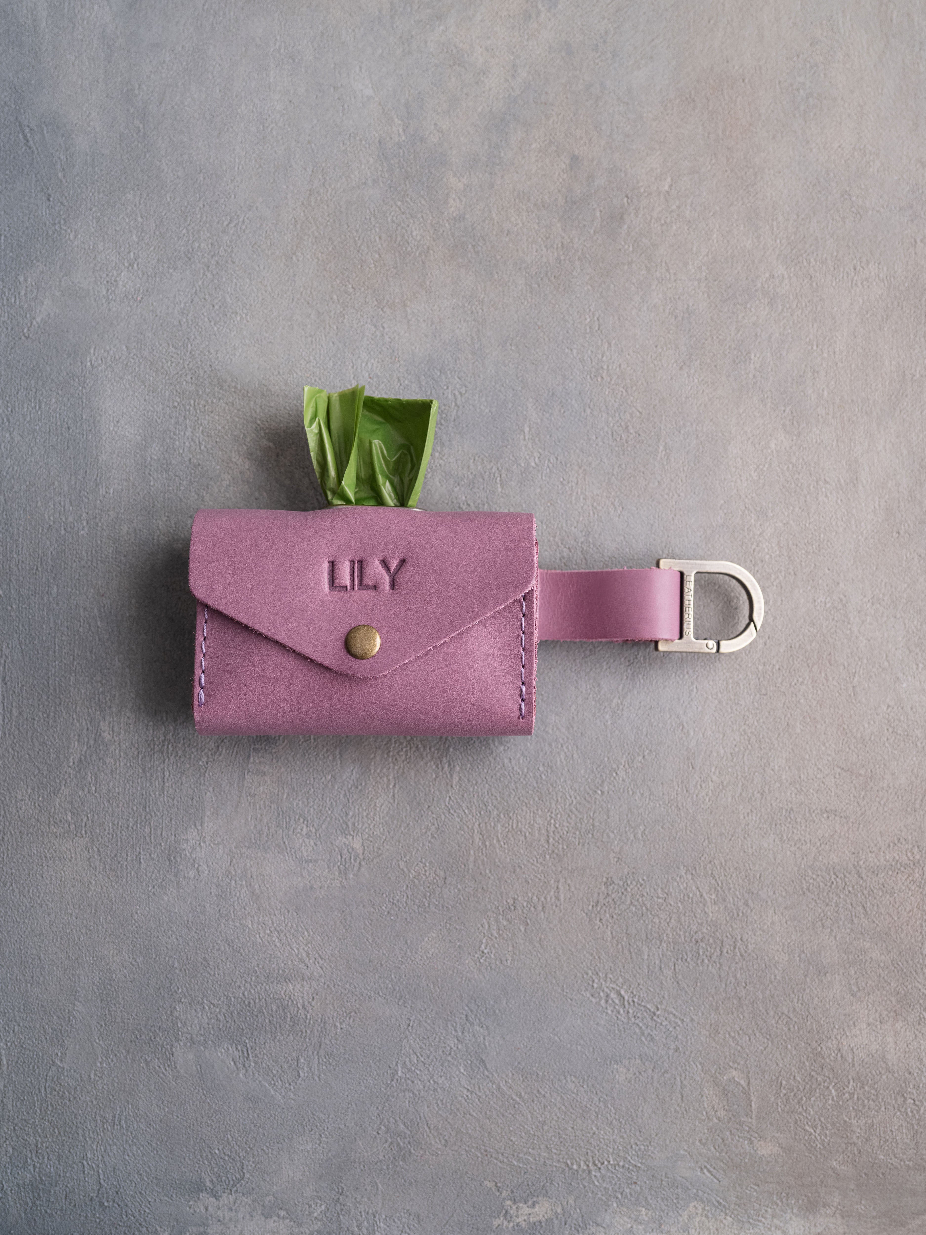 Lilac Leather Dog Poop Bag Holder with button closure