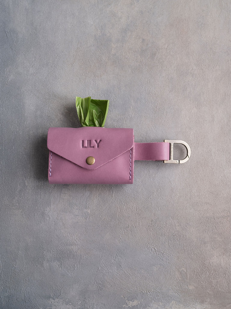 Lilac Leather Dog Poop Bag Holder with button closure