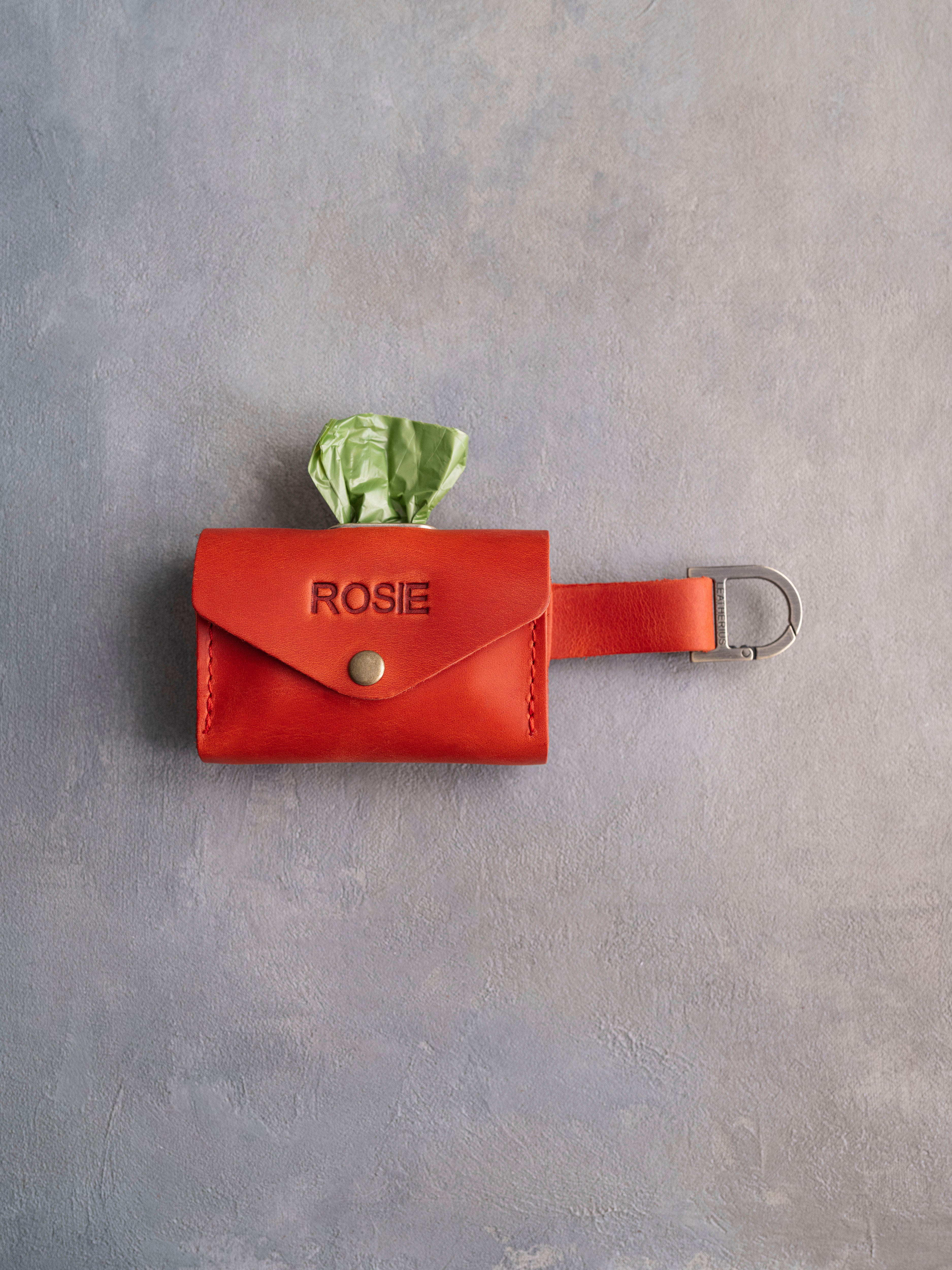 Poppy Red Leather Dog Poop Bag Holder with button closure