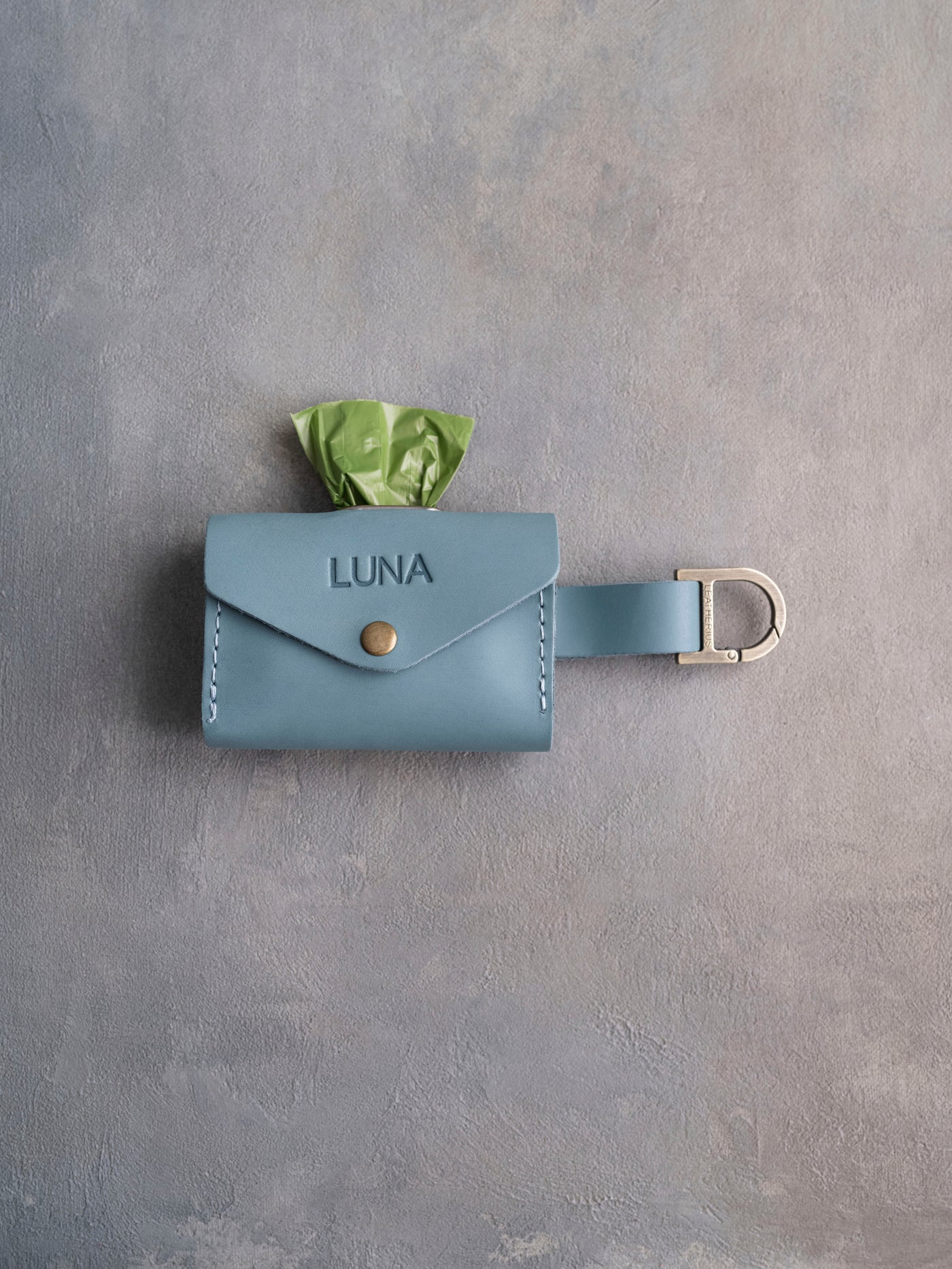 Turquoise Leather Dog Poop Bag Holder with button closure