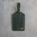 Forest Green Leather Luggage Tag Personalized with engraved initials