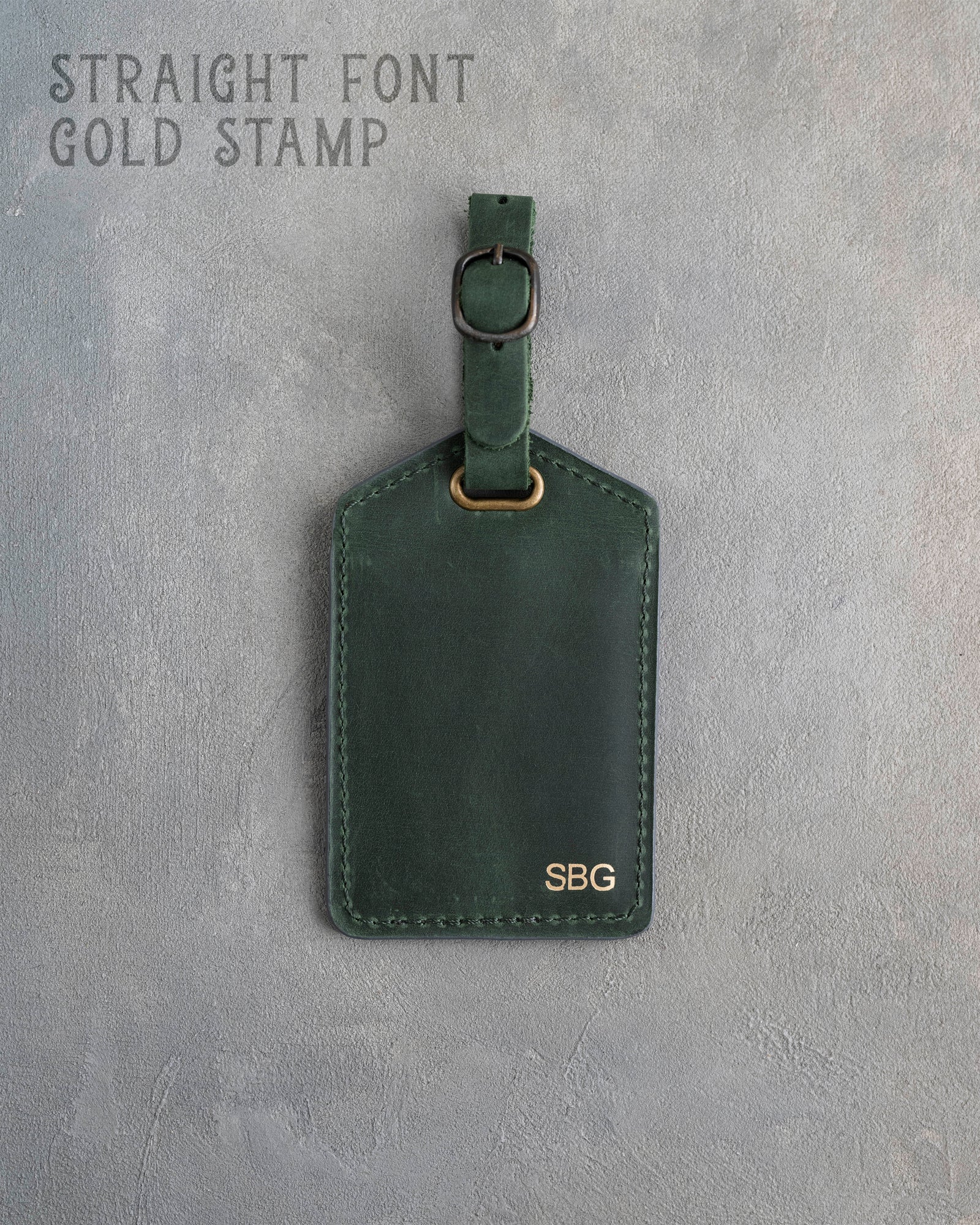 Forest Green Leather Luggage Tag Personalized with engraved initials