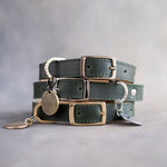 Forest green leather dog collars stacked with pin buckles and a round engraved ID tag