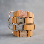Orange dog collars in Indian Summer full-grain leather, 1 in wide, with quick release buckles engraved with names