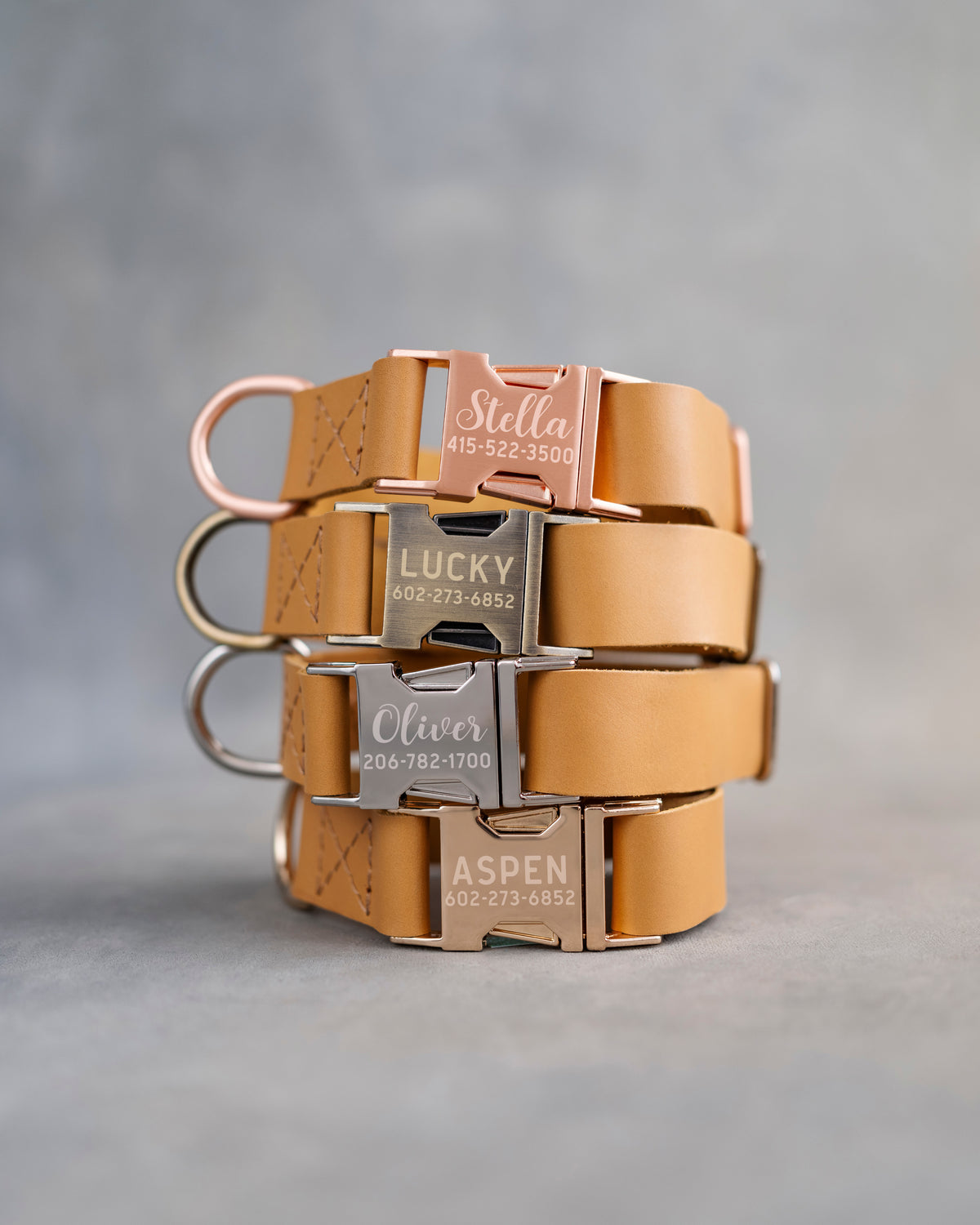 Orange dog collars in Indian Summer full-grain leather, 1 in wide, with quick release buckles engraved with names