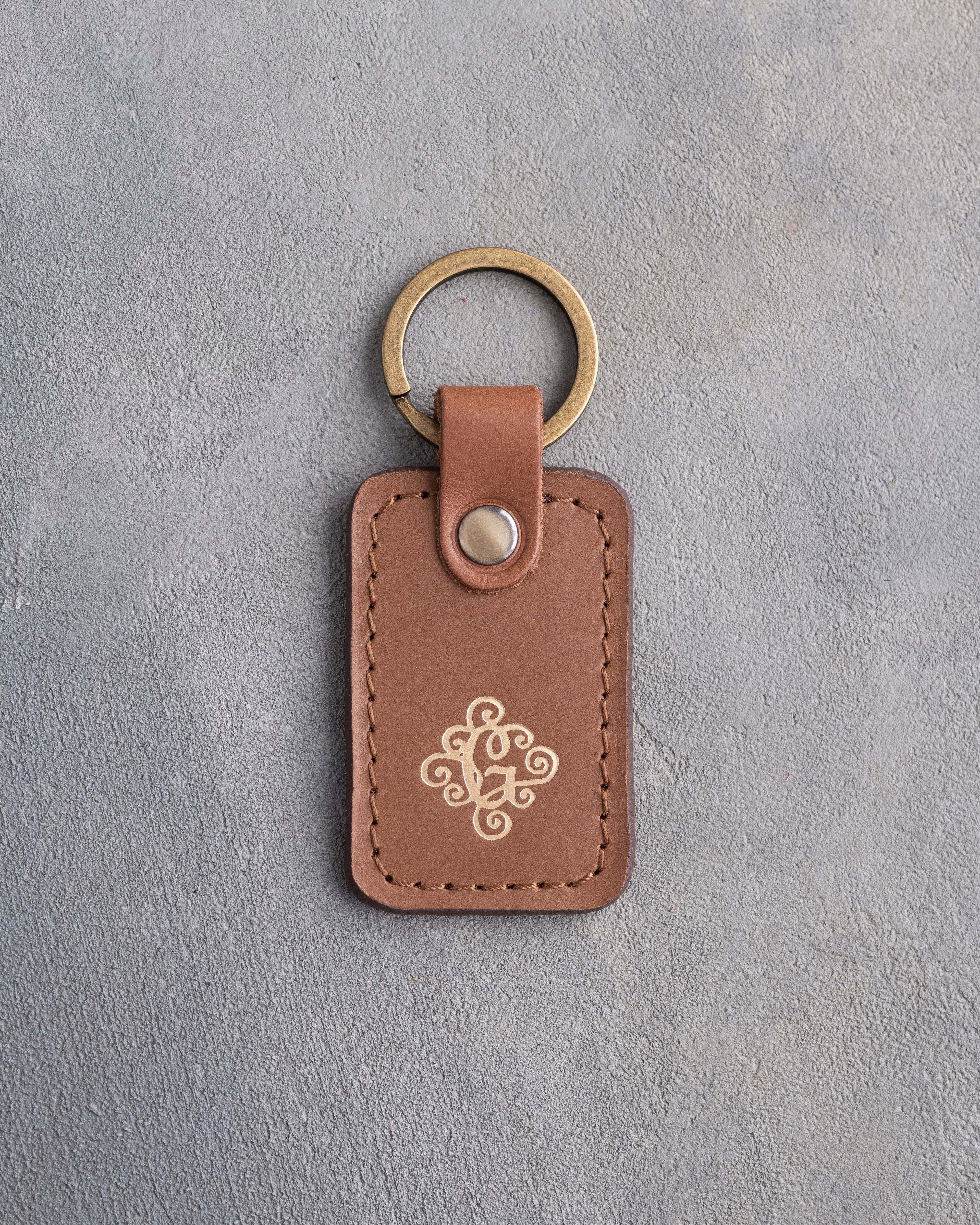 Floral Initial Keychain in Caramel Leather