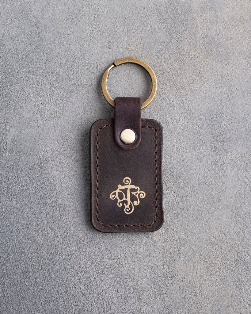 Floral Initial Keychain in Dark Espresso Leather