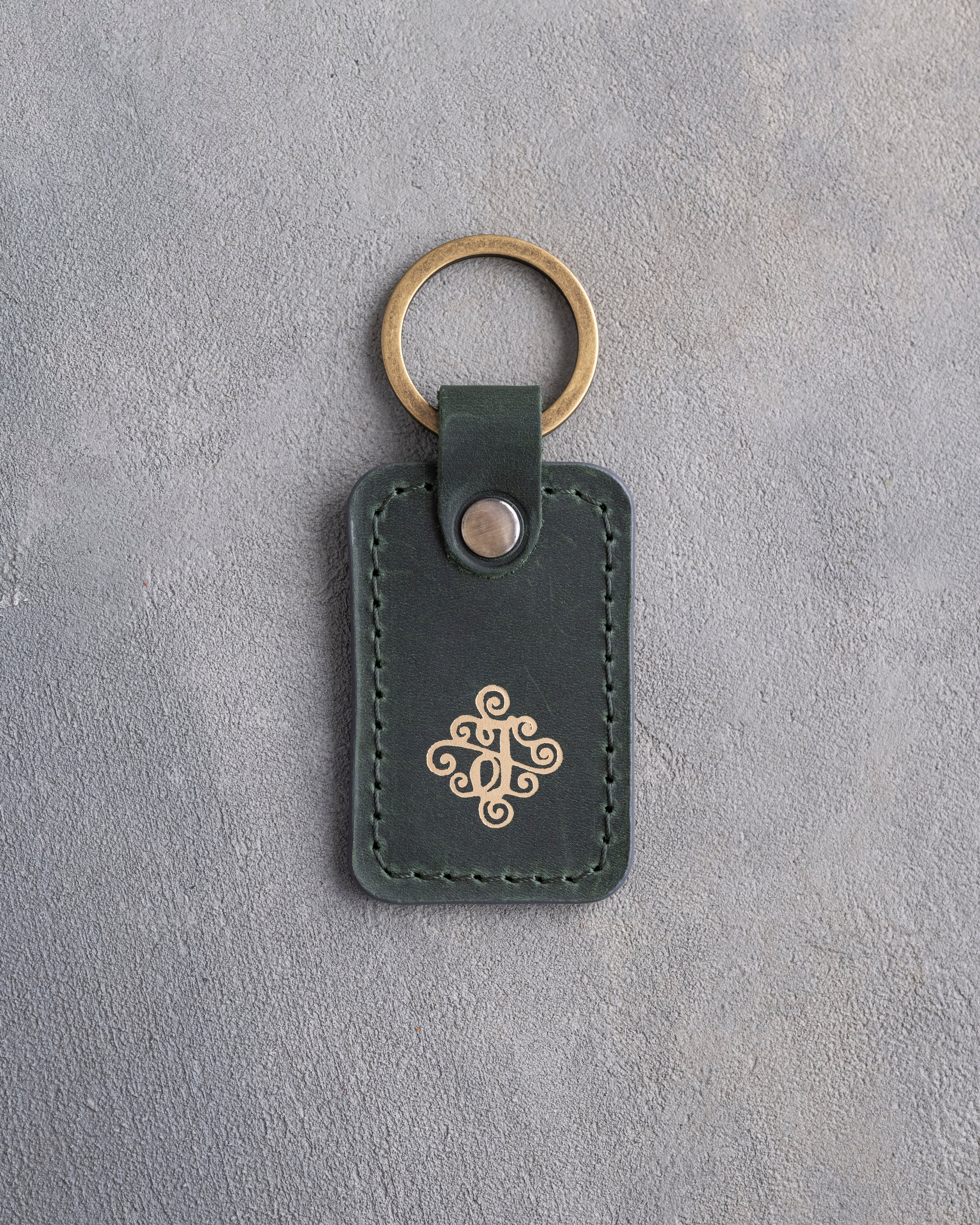 Floral Initial Keychain in Forest Green Leather
