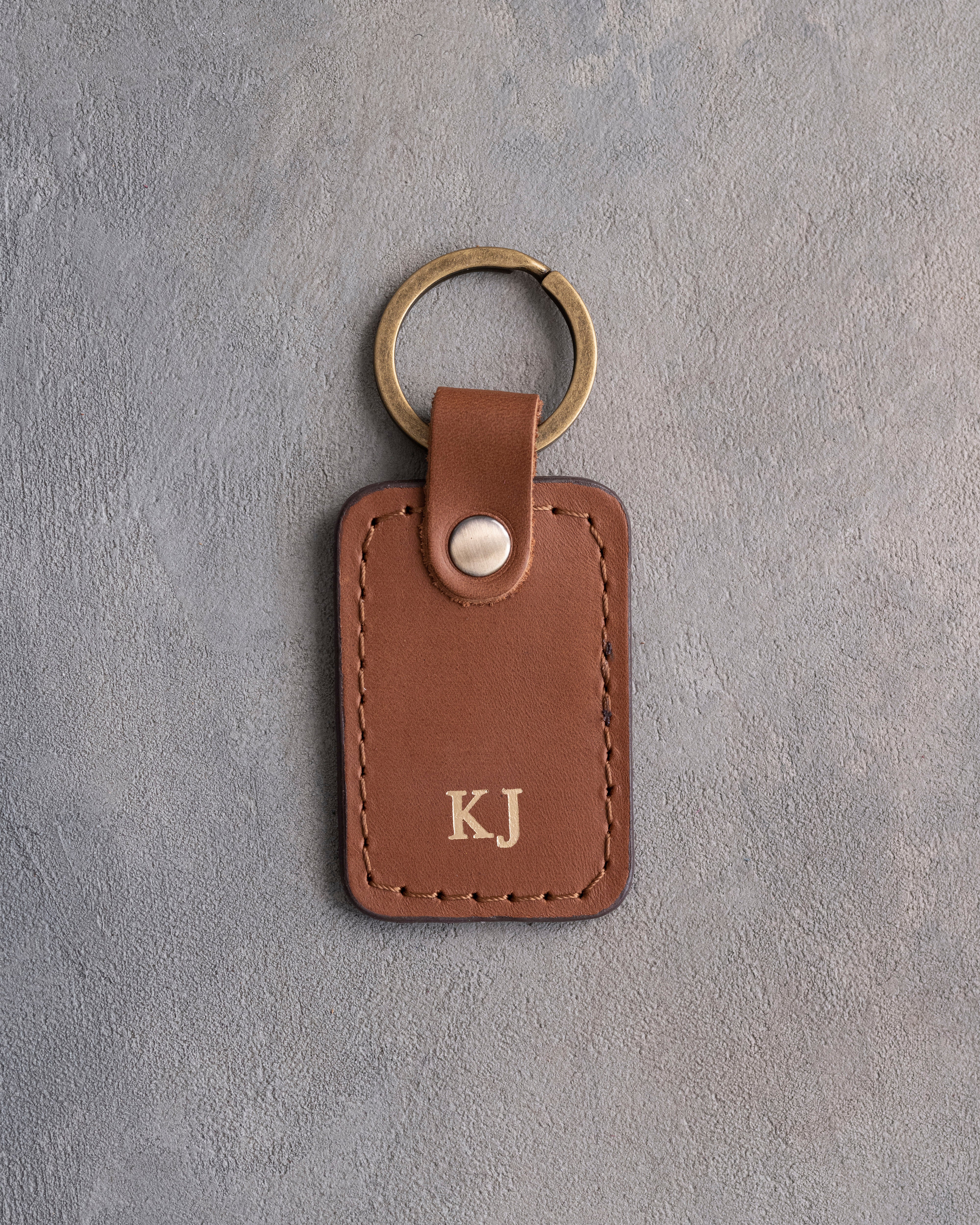 Minimalist Initials Keychain in Caramel Leather