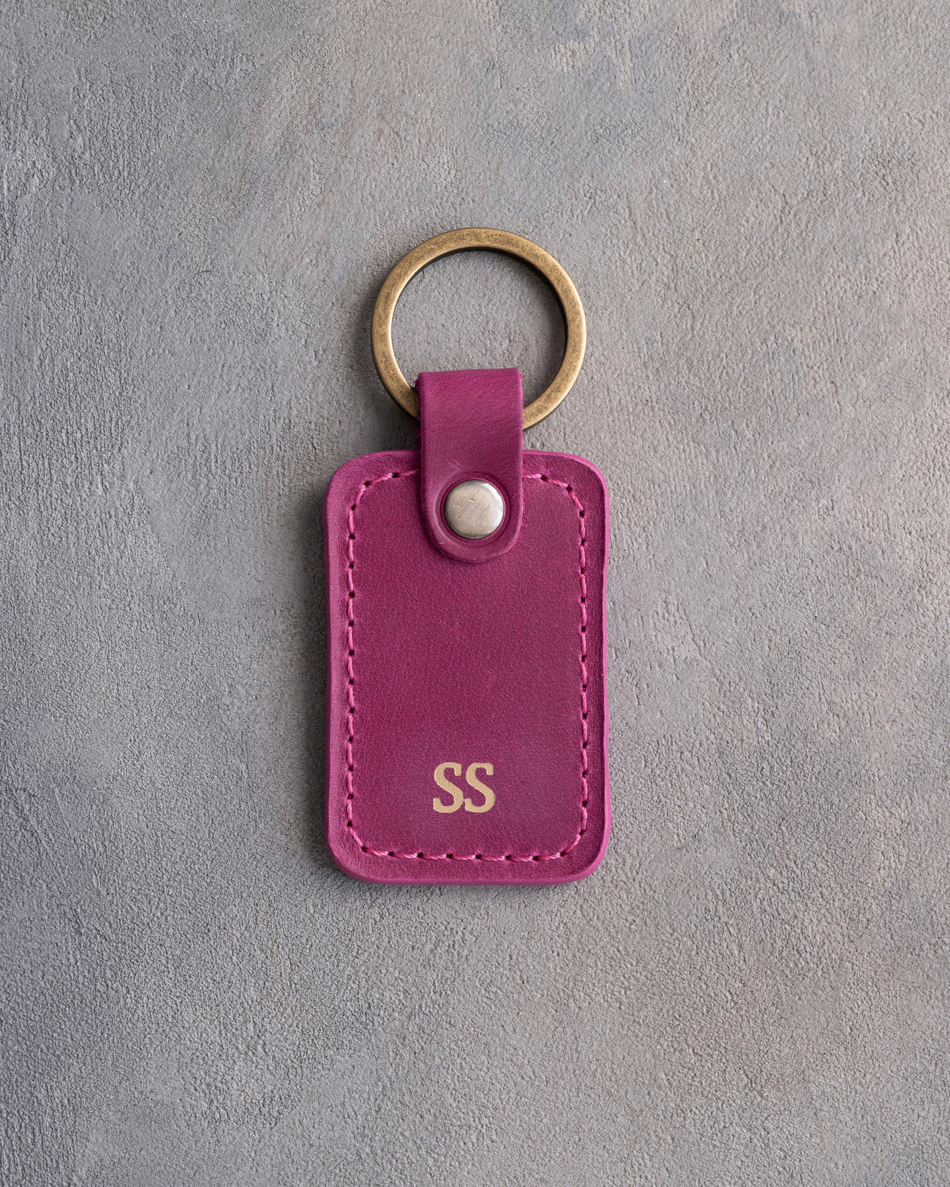 Minimalist Initials Keychain in Fuchsia Leather