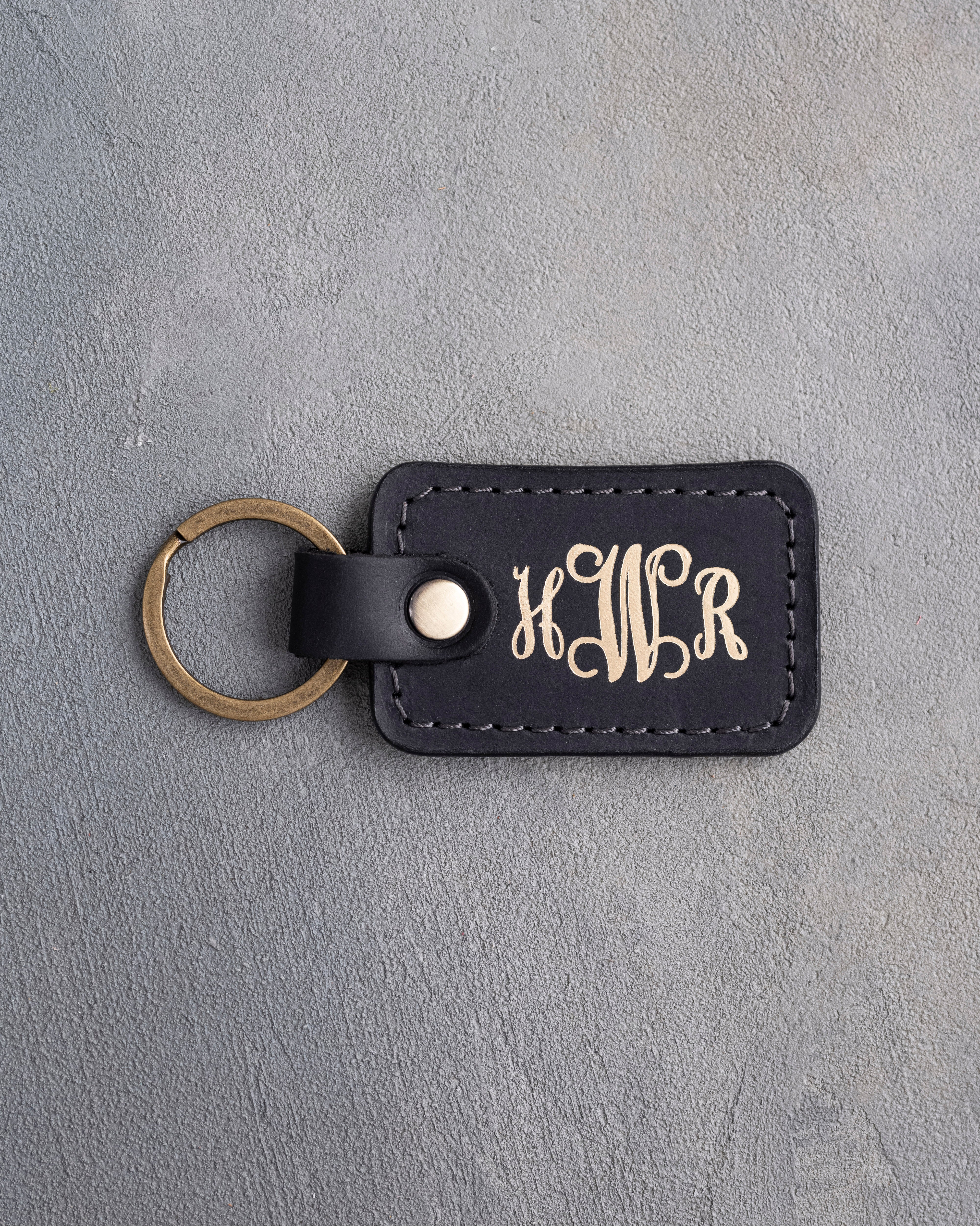 Vine Monogram Keychain in Black Leather
